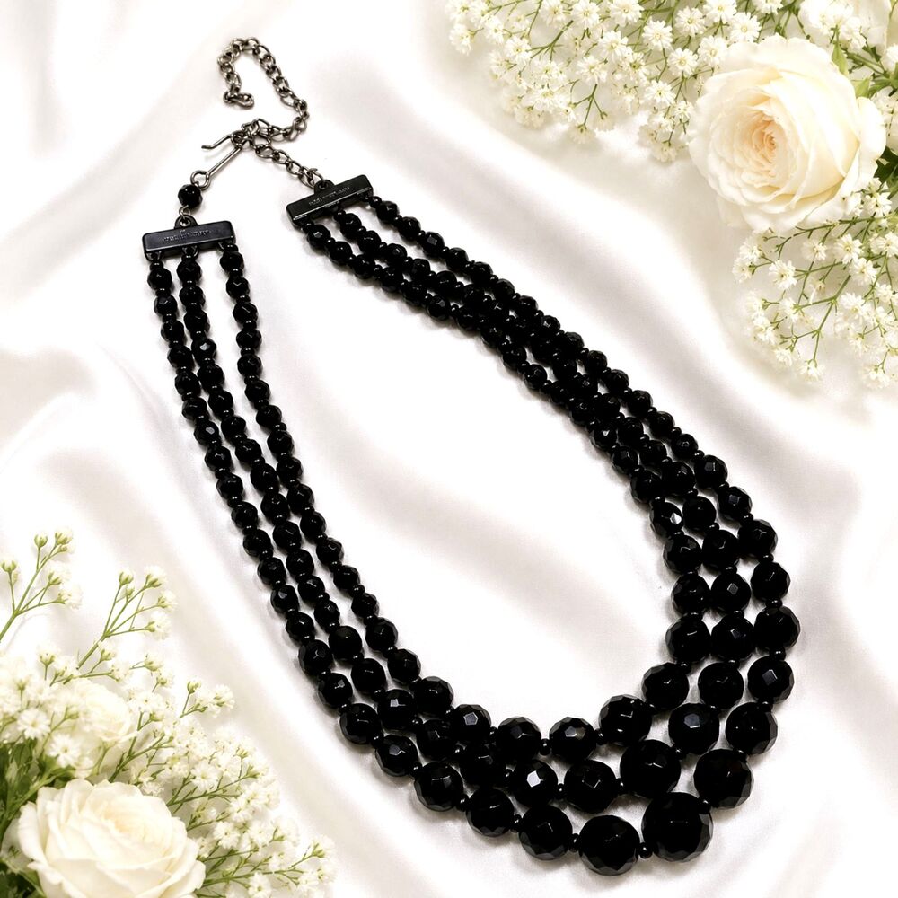 Vintage Germany Black Faceted Glass Multi Strand Necklace